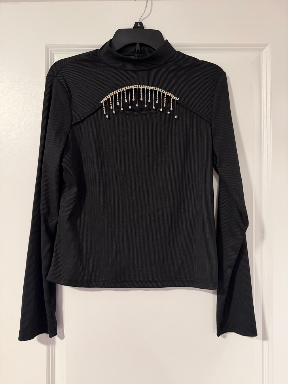 Macy's Black Long-Sleeve Mock Neck Top with Pearl Fringe